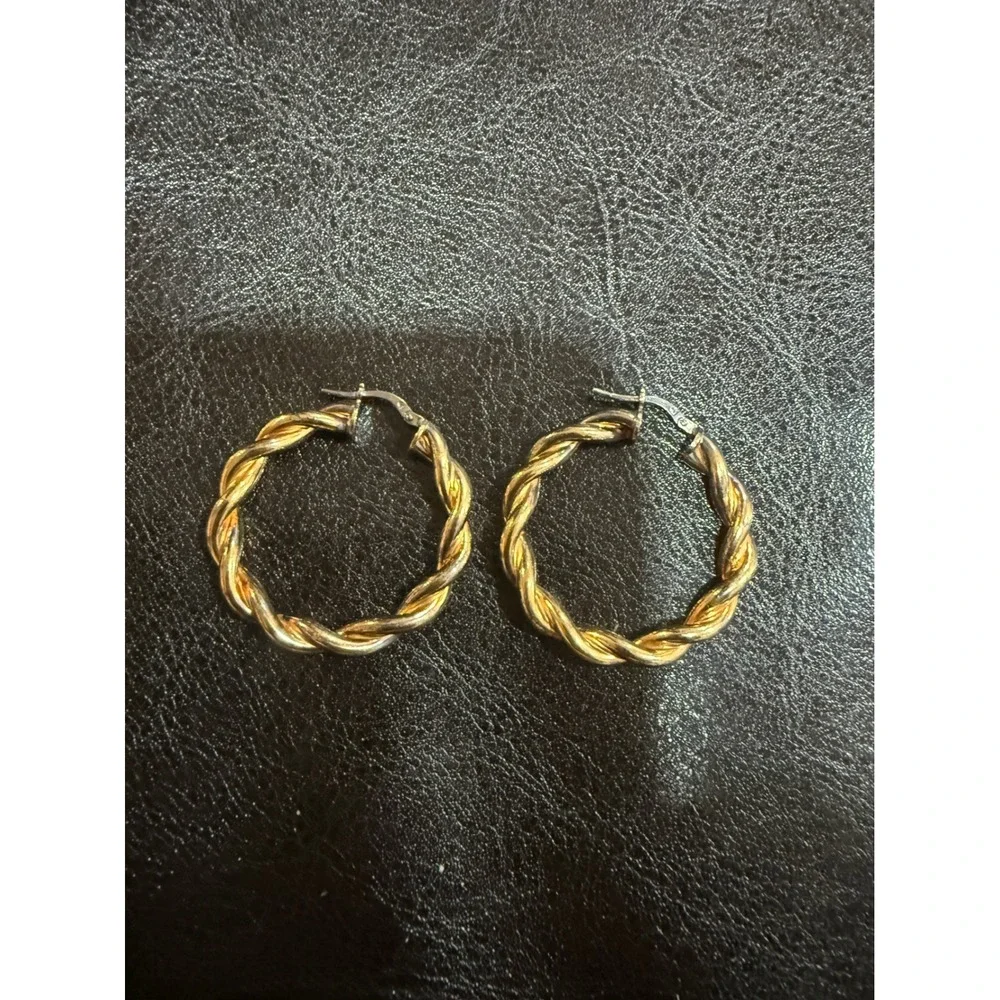 Vintage Italy 925 Sterling Silver Gold Vermeil Twisted‎ Rope Hoop Earrings 1.25